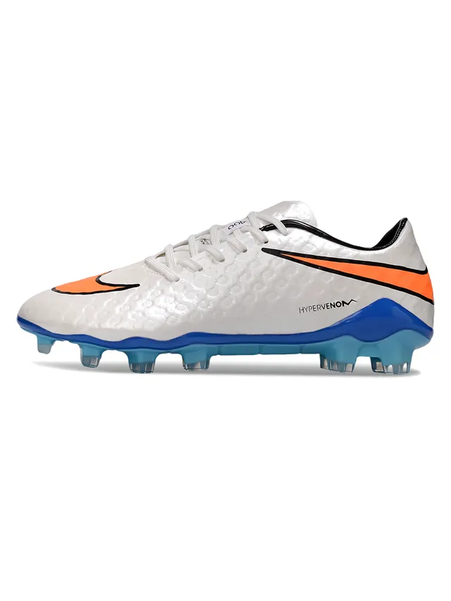 Nike HyperVenom Blanc Bleu Bas Lacets Synthétique Texturé Supérieur Terrain Ferme Chaussures de Football 15