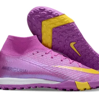 Nike Mercurial Purple Yellow High-Top Flyknit Construction Iridescent Gradient Upper Turf Soccer Shoes