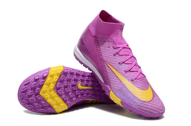 Nike Mercurial Purple Yellow High-Top Flyknit Construction Chuteiras de futebol turf com upper iridescent gradient 3