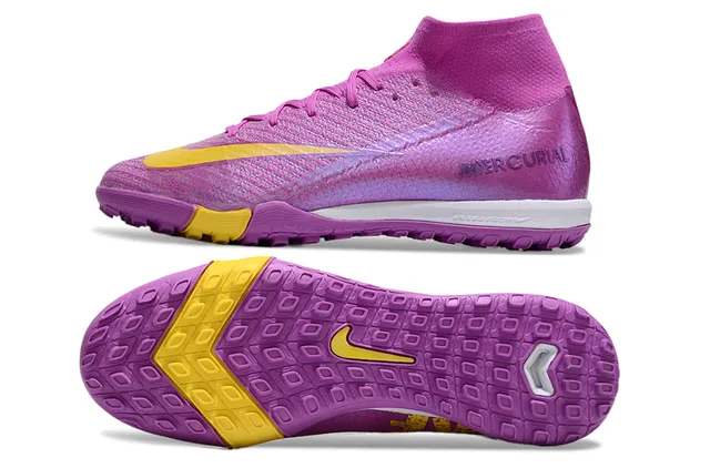 Nike Mercurial Purple Yellow High-Top Flyknit Construction Chuteiras de futebol turf com upper iridescent gradient 5