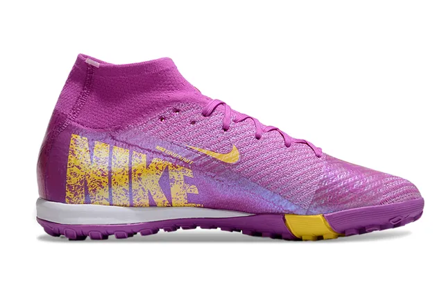 Nike Mercurial Purple Yellow High-Top Flyknit Construction Chuteiras de futebol turf com upper iridescent gradient 7