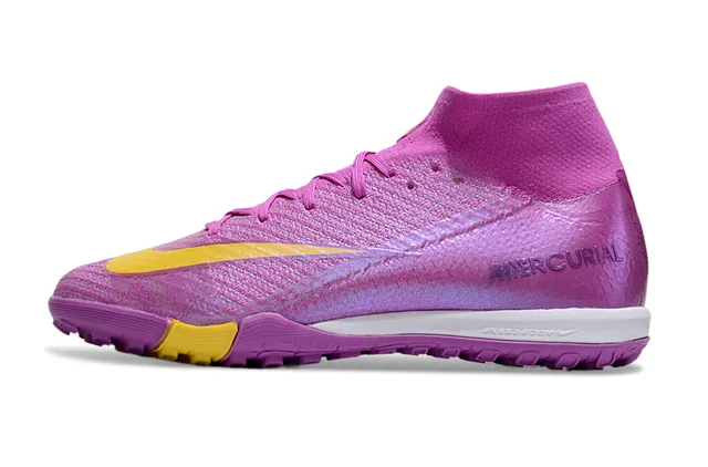 Nike Mercurial Purple Yellow High-Top Flyknit Construction Chuteiras de futebol turf com upper iridescent gradient 8