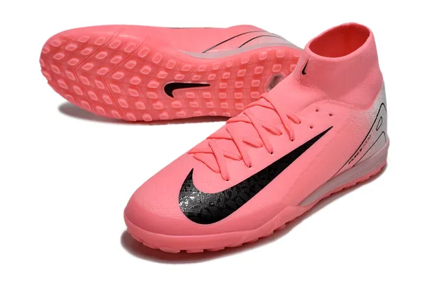 Nike Mercurial Superfly Pink Silver High-Top Knit Collar Textured Black Swoosh Overlay Turf Soccer Shoes 4