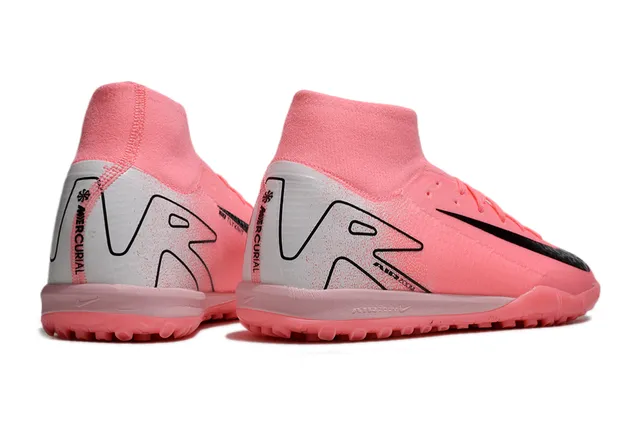 Nike Mercurial Superfly Pink Silver High-Top Knit Collar Textured Black Swoosh Overlay Turf Soccer Shoes 5