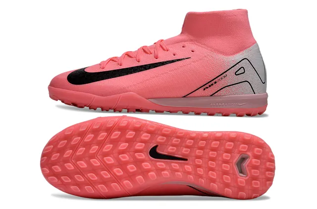Nike Mercurial Superfly Pink Silver High-Top Knit Collar Textured Black Swoosh Overlay Turf Soccer Shoes 6