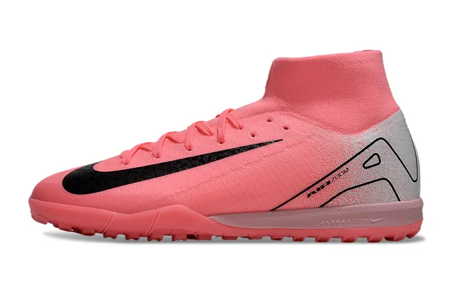 Nike Mercurial Superfly Pink Silver High-Top Knit Collar Textured Black Swoosh Overlay Turf Soccer Shoes 7