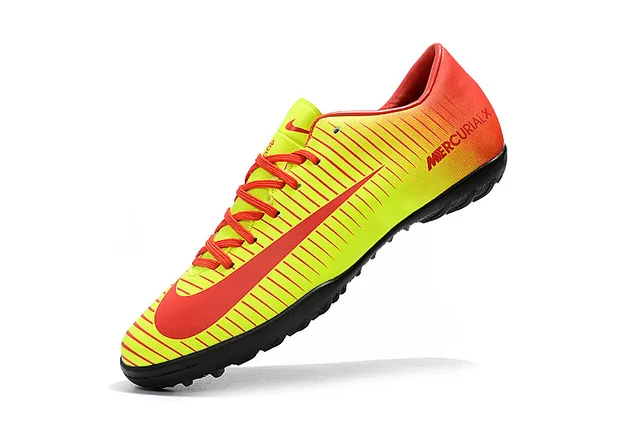Nike Mercurial X Amarelo Vermelho de corte baixo Superior sintético Ribeteado Texturizado Antepié Grama Sapatos de futebol 20
