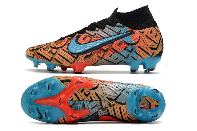 Nike Orange Bleu Col de Chaussette Haut Lacets Asymétriques Terrain Ferme Chaussures de Football 2