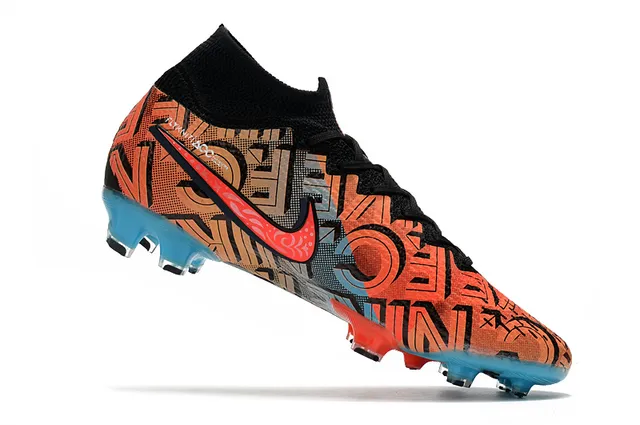 Nike Orange Bleu Col de Chaussette Haut Lacets Asymétriques Terrain Ferme Chaussures de Football 3