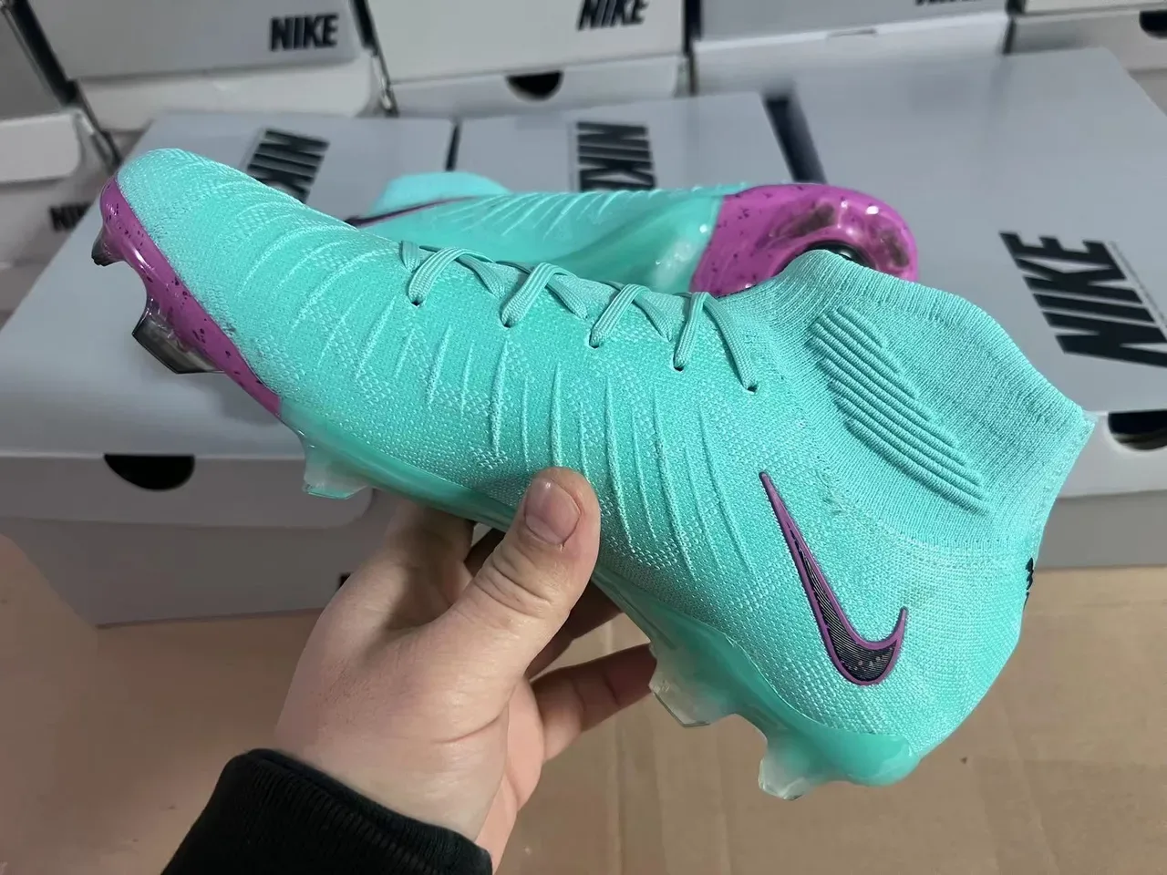 Nike Phantom GT Chaussures de football bleu violet haute coupe ajustement chaussette Flyknit construction sol ferme 11