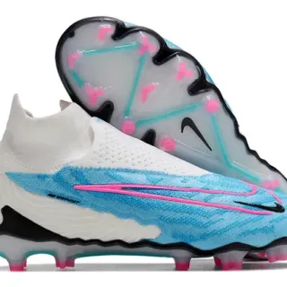 Nike Phantom GT 白色蓝色 袜套合脚针织领不对称无鞋带鞋面硬地足球鞋