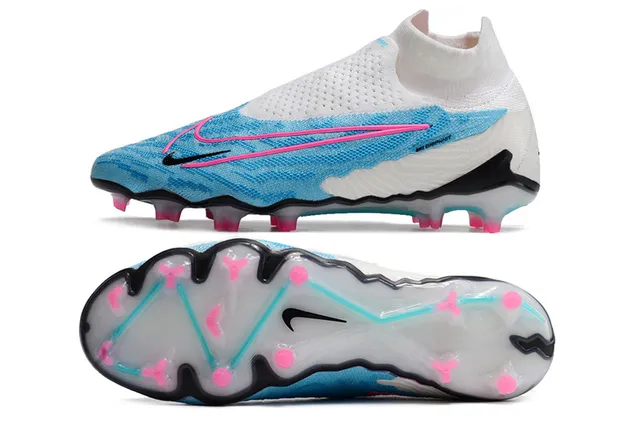 Nike Phantom GT Blanc Bleu Chaussures de football avec col tricoté ajusté pour chaussettes sans lacets asymétrique surface ferme 2