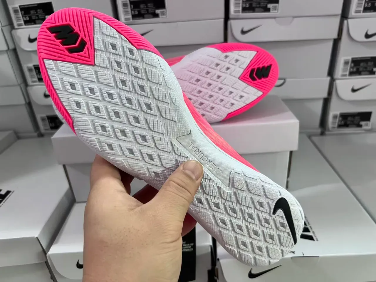Nike Pink Black Flyweave Knit Upper Swoosh Overlay Indoor Soccer Shoes 2