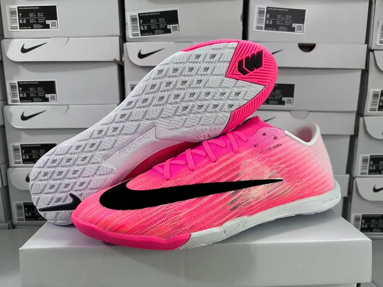 Nike Pink Black Flyweave Knit Upper Swoosh Overlay Indoor Soccer Shoes 8