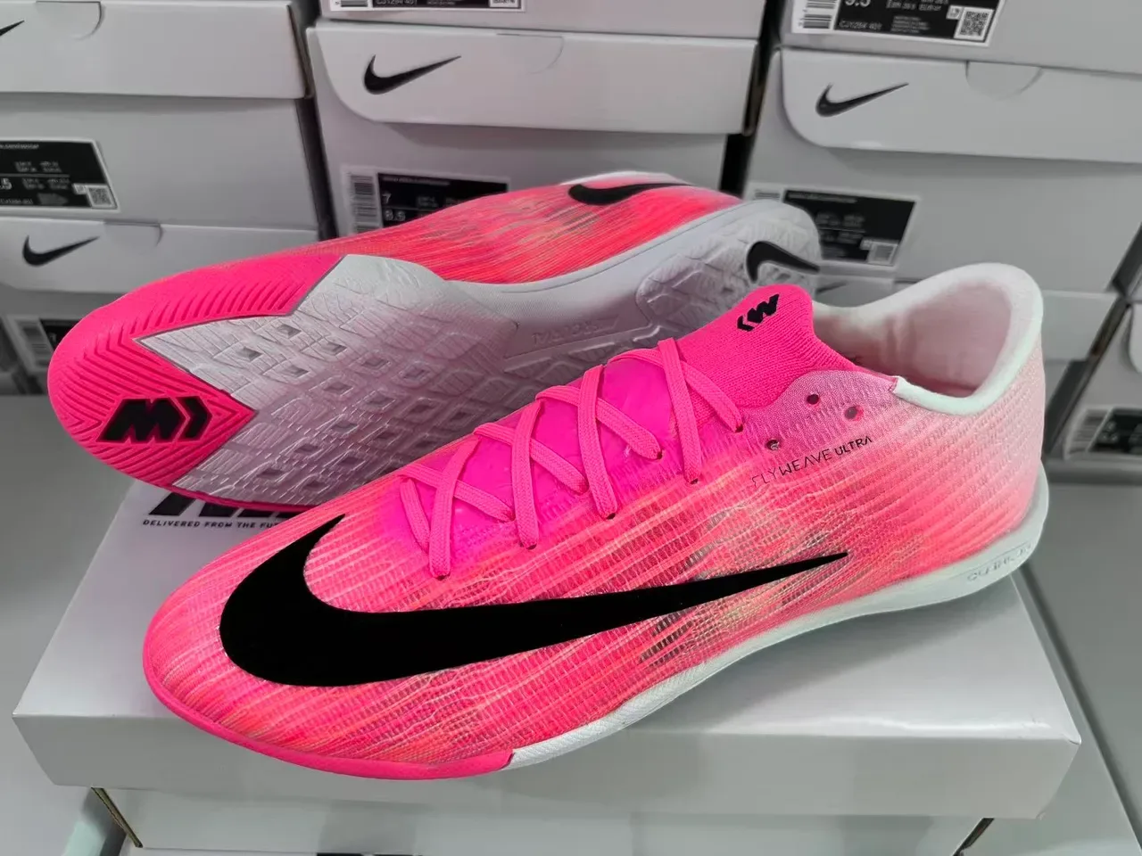 Nike Pink Black Flyweave Knit Upper Swoosh Overlay Indoor Soccer Shoes 9