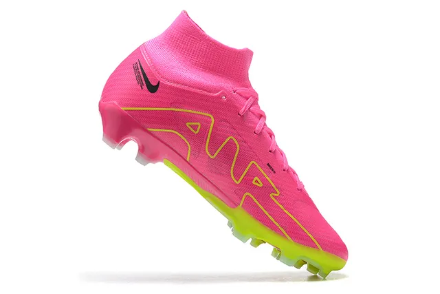 Nike Botas de fútbol rosa y amarillo de alto corte en knit con cordones asimétricos para terreno firme 3