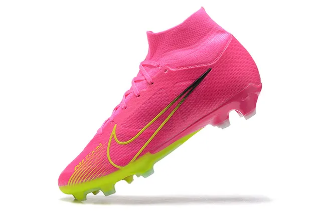 Nike Botas de fútbol rosa y amarillo de alto corte en knit con cordones asimétricos para terreno firme 4