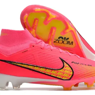 Nike গোলাপি হলুদ হাই-কাট সক-ফিট উপর Flyknit নির্মাণ দৃঢ় মাটি ফুটবল জুতো
