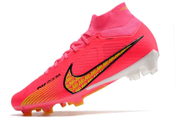 Nike Rosa Amarillo Alto Corte Ajuste a Calcetín Superior Flyknit Suelo Firme Zapatos de Fútbol 4