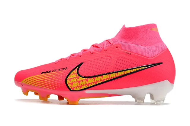 Nike Rosa Amarillo Alto Corte Ajuste a Calcetín Superior Flyknit Suelo Firme Zapatos de Fútbol 5