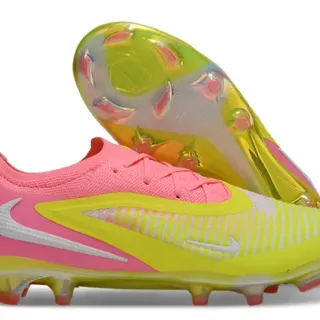 Nike Pink Yellow Low-Cut Sock-Fit Upper Asymmetric Lacing Firm-Ground Soccer Shoes