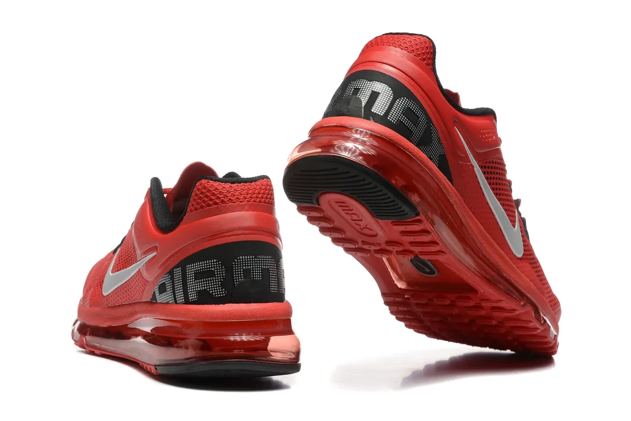 Nike Tênis de Running com parte superior de malha vermelha e preta, amortecimento de ar visível em toda a extensão 3