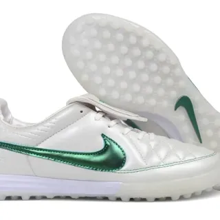 Nike Tiempo Legend Zapatos de fútbol blanco verde con upper de cuero acolchado y Swoosh metálico para césped artificial