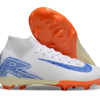 Nike White Blue High-Cut Knit Collar Asymmetrical Lacing Firm-Ground Soccer Shoes