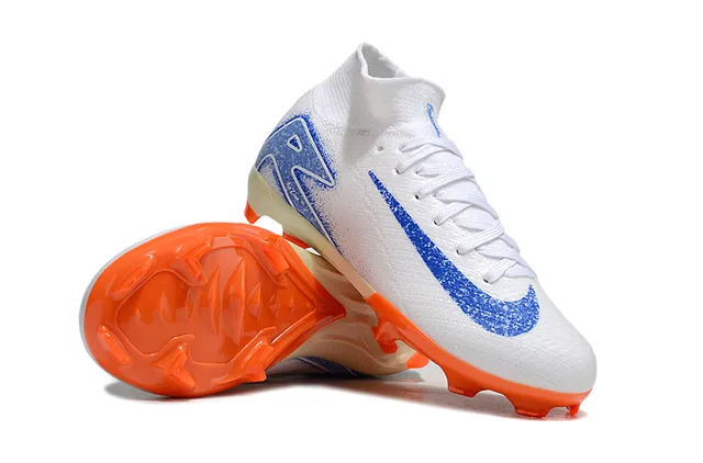 Nike White Blue High-Cut Knit Collar Asymmetrical Lacing Firm-Ground Soccer Shoes 2