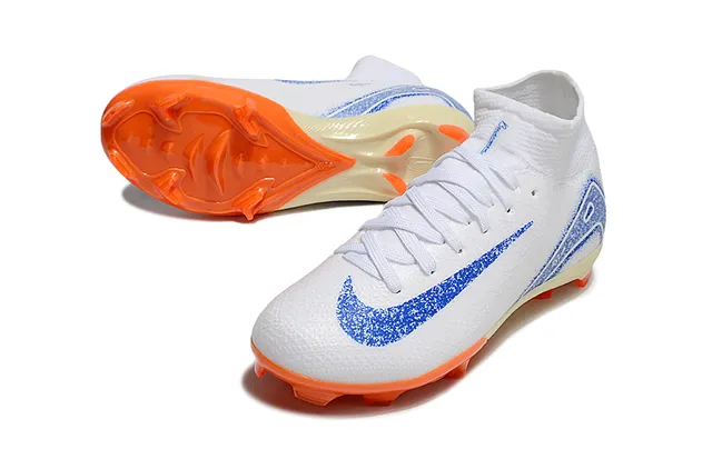 Nike White Blue High-Cut Knit Collar Asymmetrical Lacing Firm-Ground Soccer Shoes 3