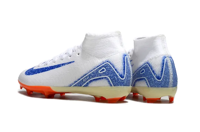 Nike White Blue High-Cut Knit Collar Asymmetrical Lacing Firm-Ground Soccer Shoes 4