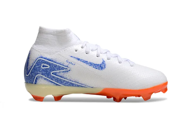 Nike White Blue High-Cut Knit Collar Asymmetrical Lacing Firm-Ground Soccer Shoes 5