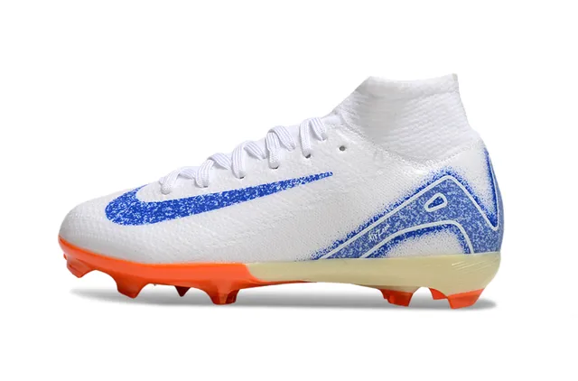 Nike White Blue High-Cut Knit Collar Asymmetrical Lacing Firm-Ground Soccer Shoes 6