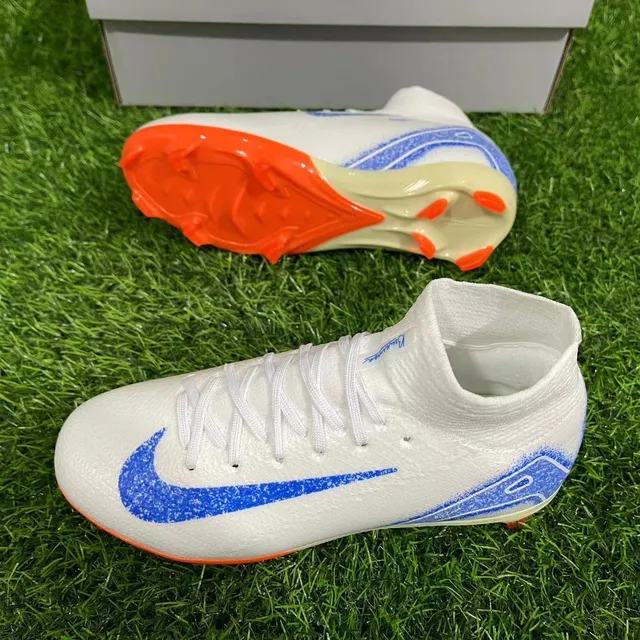 Nike White Blue High-Cut Knit Collar Asymmetrical Lacing Firm-Ground Soccer Shoes 7