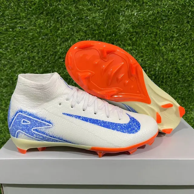 Nike White Blue High-Cut Knit Collar Asymmetrical Lacing Firm-Ground Soccer Shoes 8