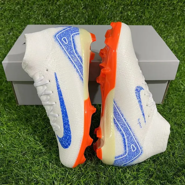 Nike White Blue High-Cut Knit Collar Asymmetrical Lacing Firm-Ground Soccer Shoes 9