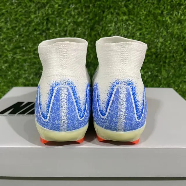 Nike White Blue High-Cut Knit Collar Asymmetrical Lacing Firm-Ground Soccer Shoes 10