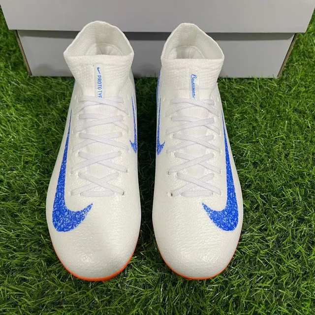Nike White Blue High-Cut Knit Collar Asymmetrical Lacing Firm-Ground Soccer Shoes 11