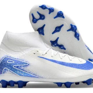 Nike White Blue High-Cut Knit Upper Asymmetrical Lacing Firm-Ground Soccer Shoes