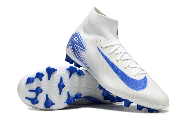 Nike White Blue High-Cut Knit Upper Asymmetrical Lacing Firm-Ground Soccer Shoes 3