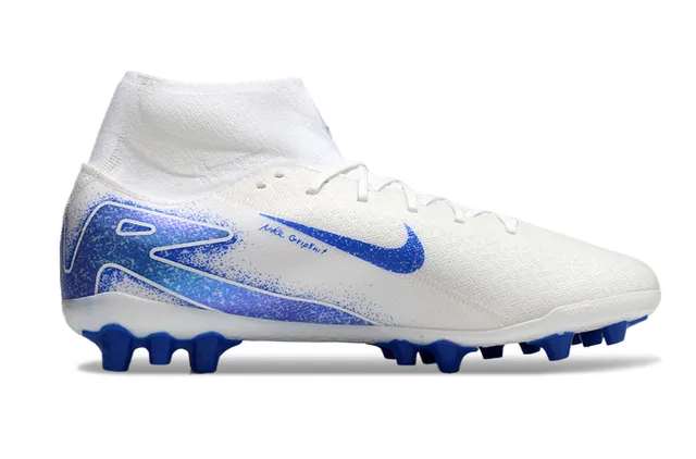 Nike White Blue High-Cut Knit Upper Asymmetrical Lacing Firm-Ground Soccer Shoes 7