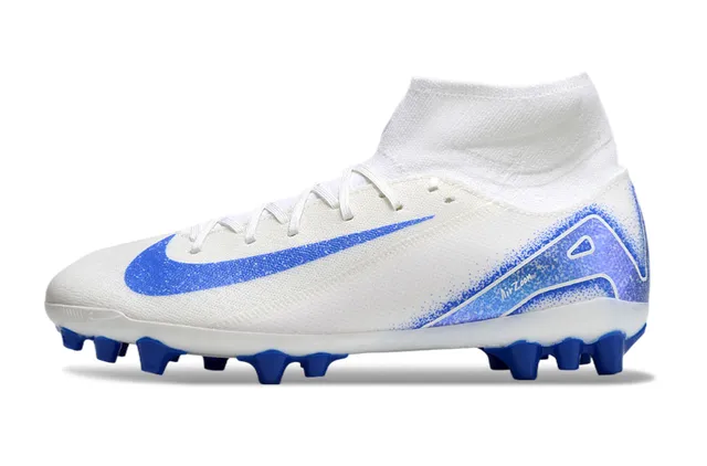 Nike White Blue High-Cut Knit Upper Asymmetrical Lacing Firm-Ground Soccer Shoes 8