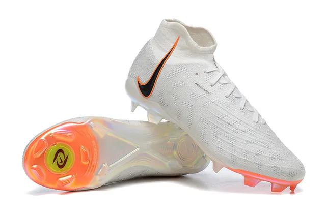 Nike White Orange High-Cut Flyknit Upper Asymmetric Lacing Firm-Ground Soccer Shoes 3