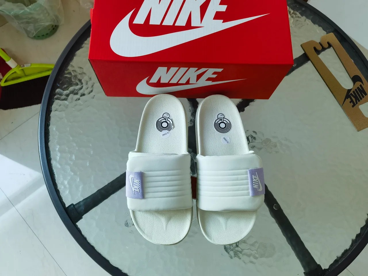 Nike White Purple Ribbed Strap Molded Footbed Slippers 5