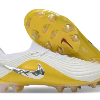 Nike Yellow White Metallic Gold Upper Ribbed Synthetic Overlays Firm-Ground Soccer Shoes