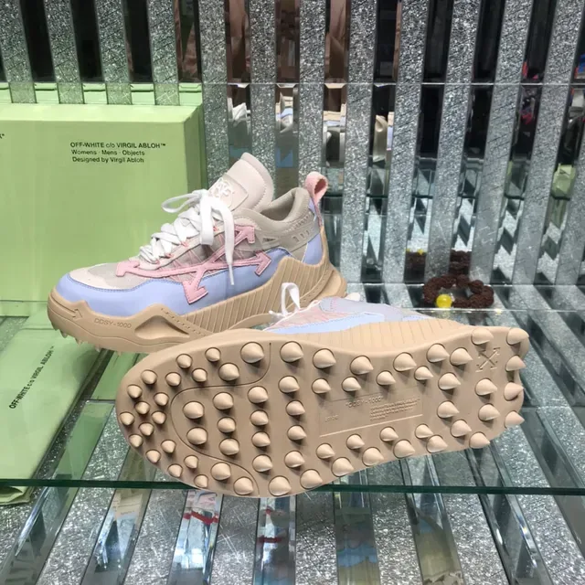 Off-White Beige Blue Industrial Runner Silhouette سكينرز سميكة بأعلى من الشبك متعدد الطبقات والنيوبرين 2