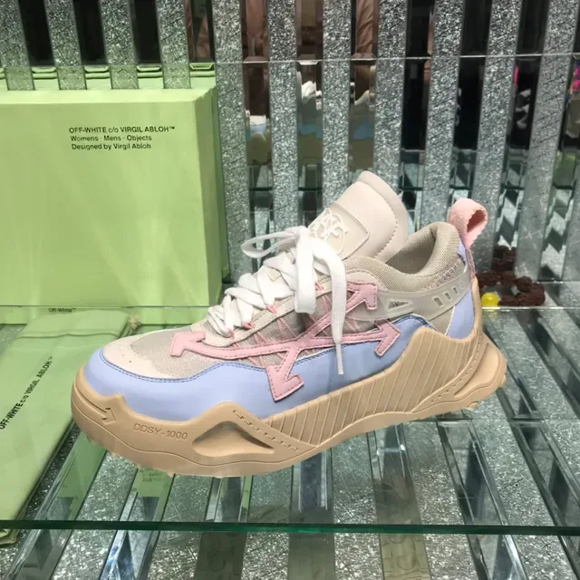 Off-White Beige Blue Industrial Runner Silhouette سكينرز سميكة بأعلى من الشبك متعدد الطبقات والنيوبرين 3