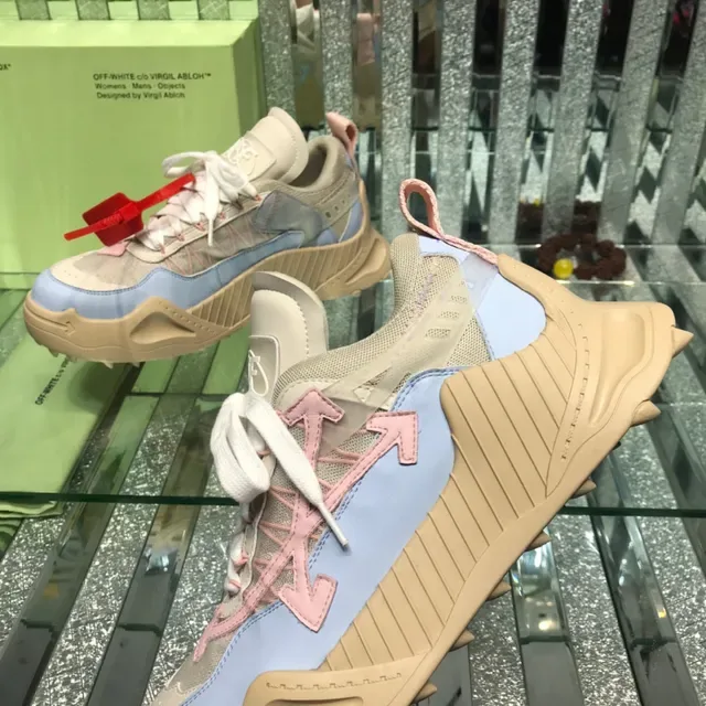 Off-White Beige Blue Industrial Runner Silhouette سكينرز سميكة بأعلى من الشبك متعدد الطبقات والنيوبرين 5