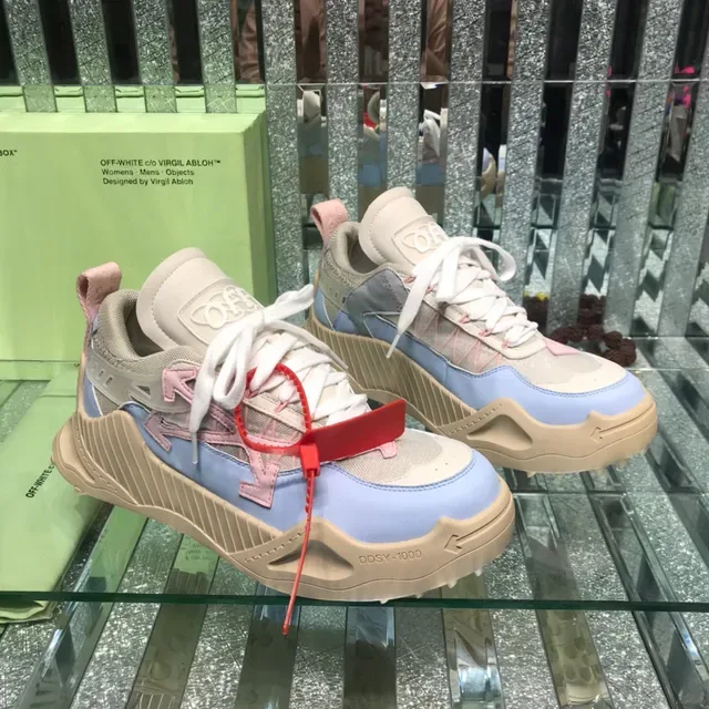 Off-White Beige Blue Industrial Runner Silhouette سكينرز سميكة بأعلى من الشبك متعدد الطبقات والنيوبرين 7