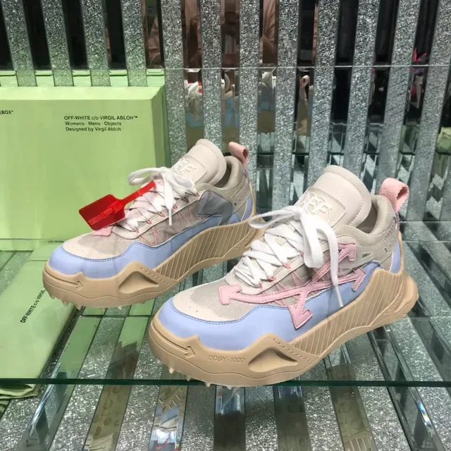 Off-White Beige Blue Industrial Runner Silhouette سكينرز سميكة بأعلى من الشبك متعدد الطبقات والنيوبرين 8